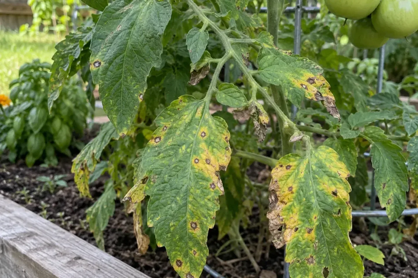 Tomato lower leaves with brown lesions and yellow patches in a raised bed
