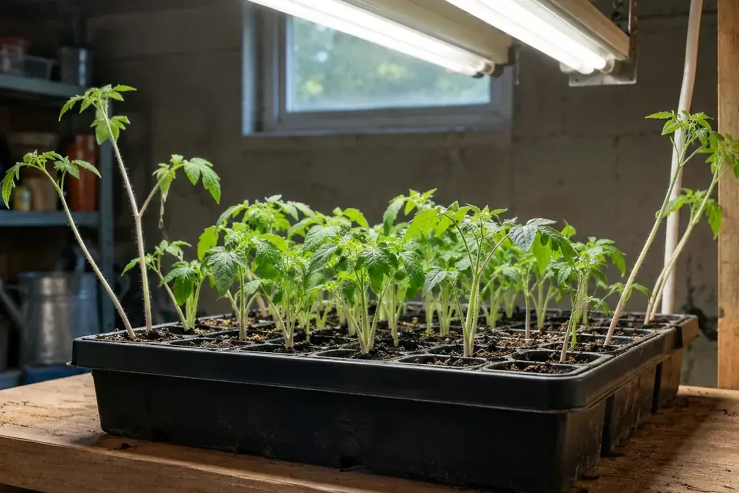 Tray of seedlings under fluorescent tubes, sturdy in the center and taller, thinner and leaning at the edges
