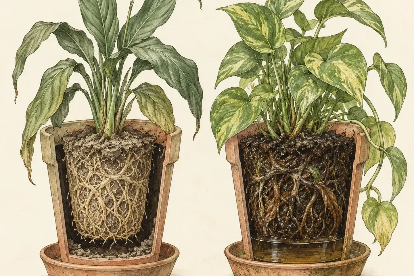 Two pot cutaways: a dry root ball shrunk away from the pot wall, and a soggy root ball with brown roots and water in the saucer