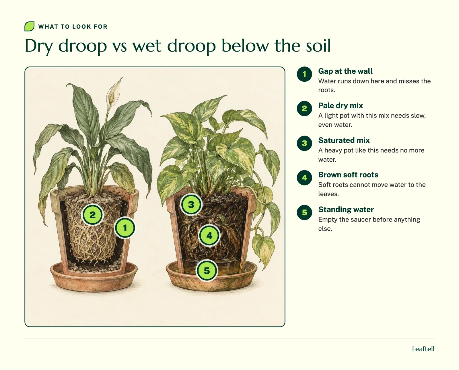 Two pot cutaways with numbered markers on the gap at the pot wall, dry mix, soggy mix, soft brown roots and standing water