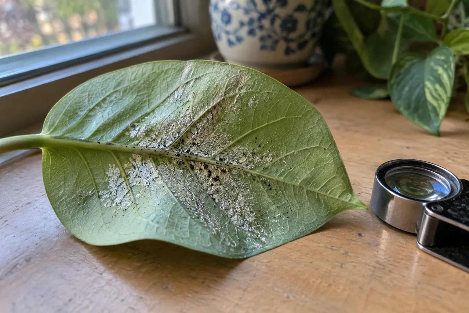 Underside of a houseplant leaf with silvery scarred patches and tiny black specks, a hand lens beside it