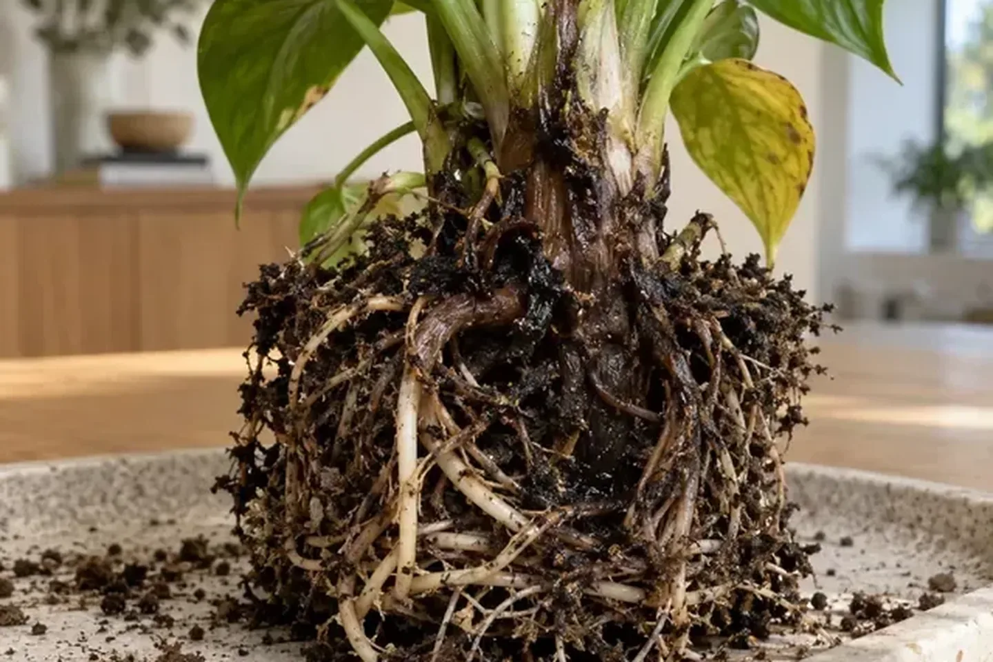 Unpotted pothos root ball with a darkened stem base, pale and brown roots and one yellowing leaf