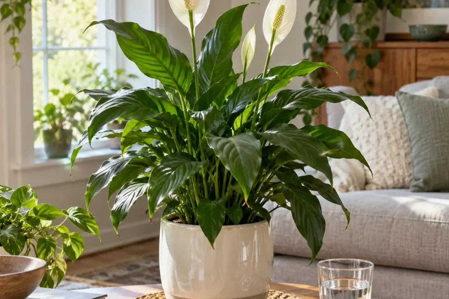 Upright peace lily foliage shown as a posture comparison