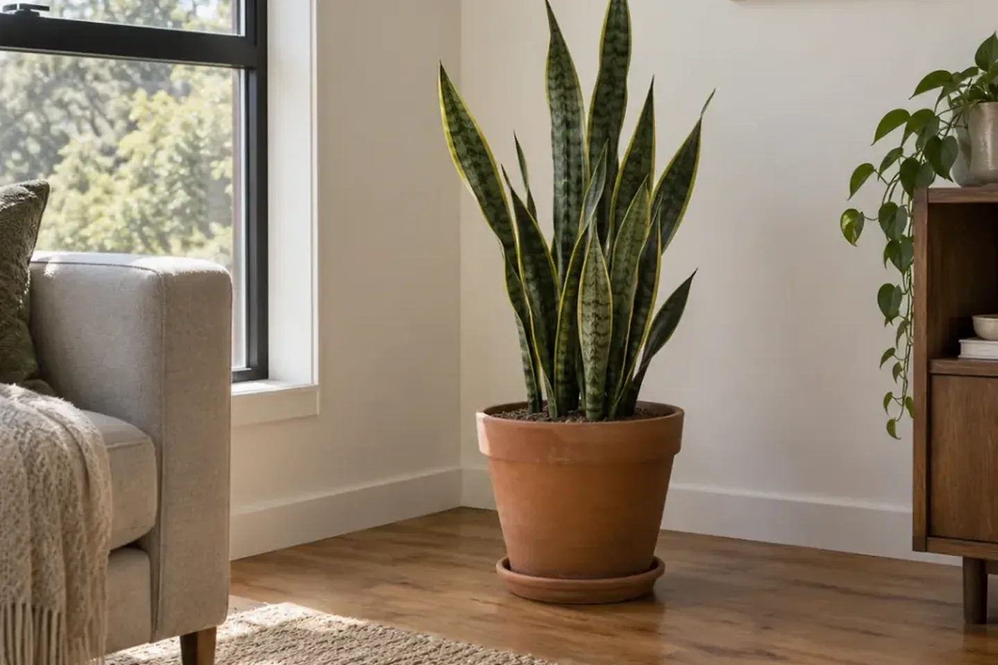 Upright snake plant in a draining terracotta pot