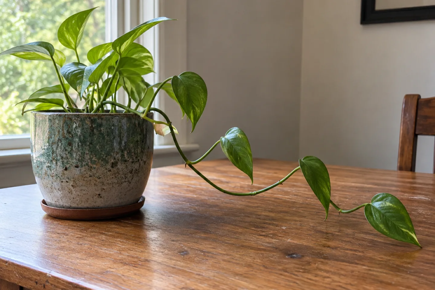 Variegated pothos in a ceramic pot with a sparse trailing vine across a wooden table