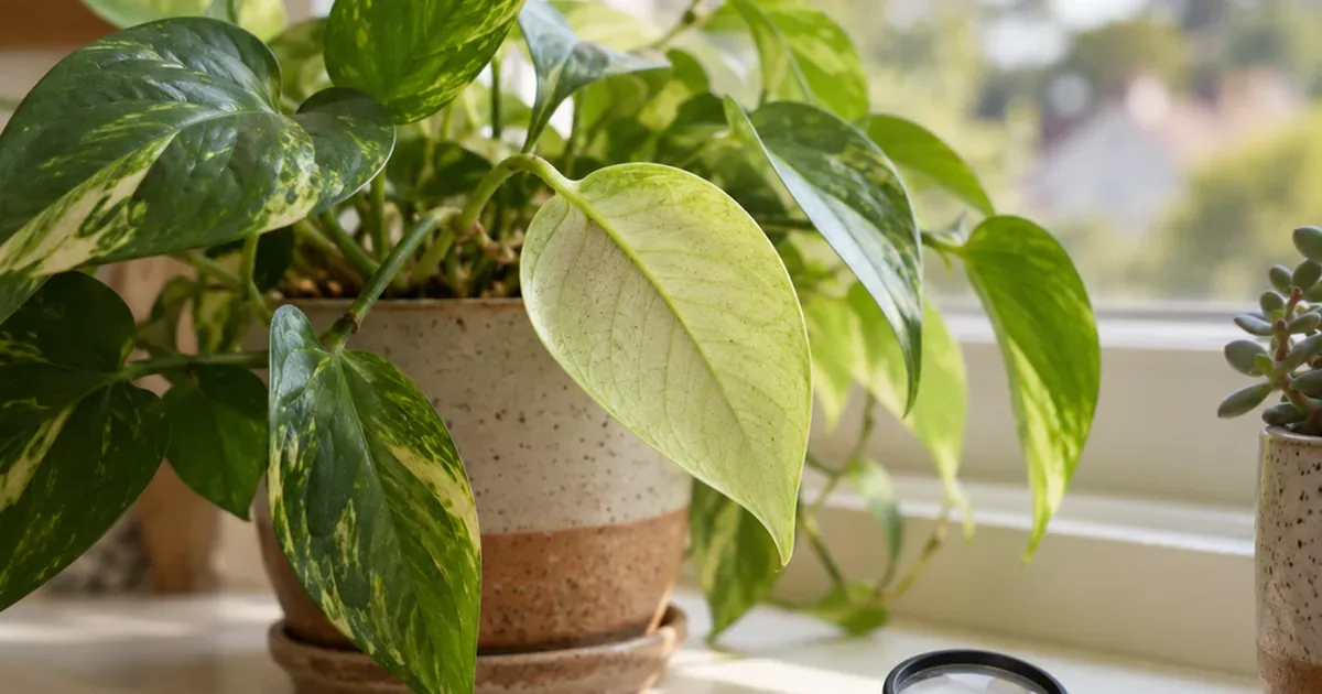 Variegated pothos on a bright windowsill with a pale leaf toward the camera and a magnifying glass on the sill