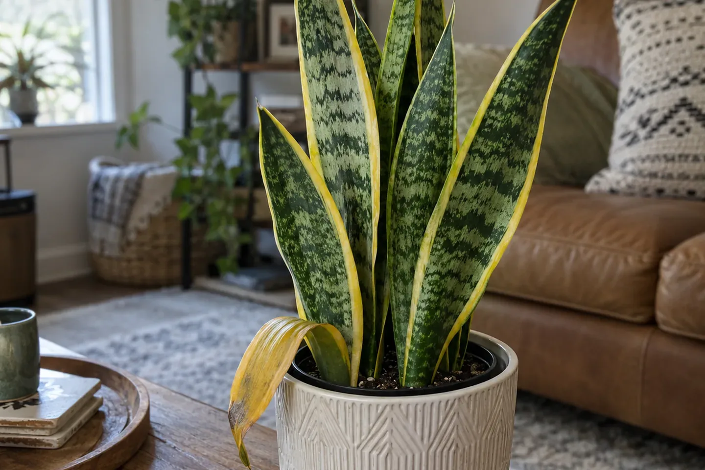Variegated snake plant with even yellow leaf edges and one outer leaf yellowing and folding at the soil line
