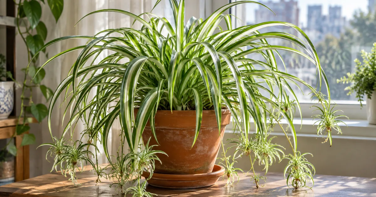Variegated spider plant with hanging babies in a terracotta pot beside a window