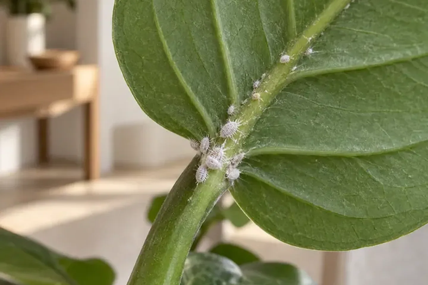 Waxy insects aligned beside a leaf vein