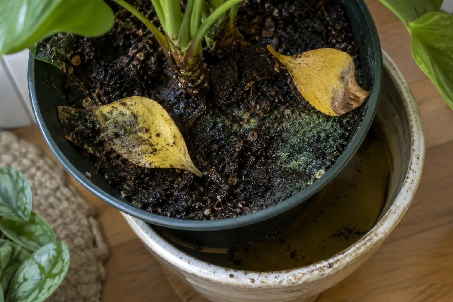 Wet potting mix with green algae and fallen leaves, the pot lifted to show standing water in the cover pot