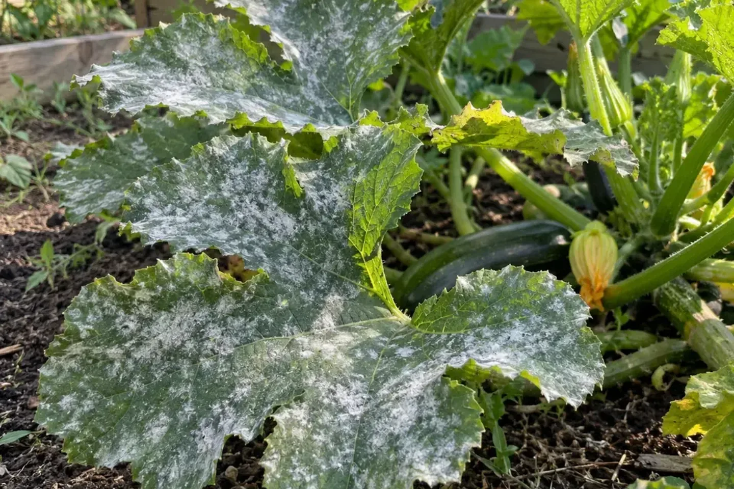 White powdery patches across squash leaves in a garden bed