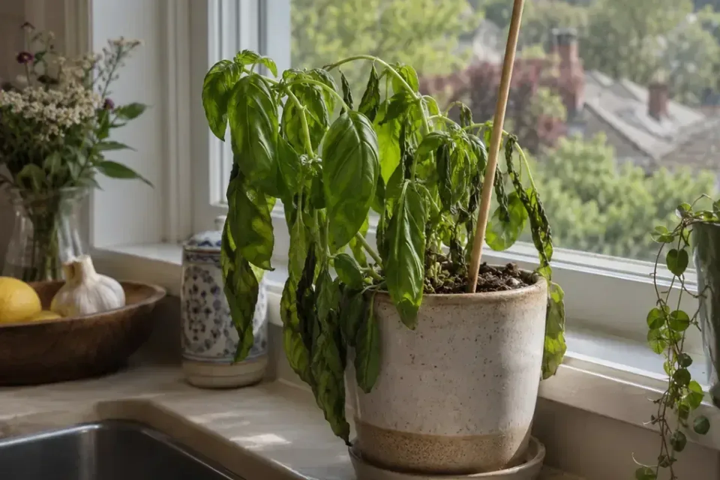 Wilting basil in a container beside a kitchen window