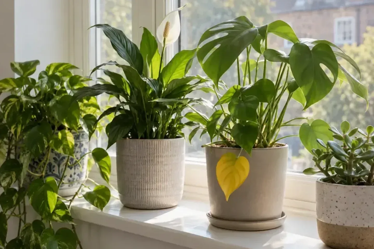 Windowsill of houseplants with one yellow heart-shaped leaf hanging over a pot, beside a peace lily, trailing pothos and a jade plant