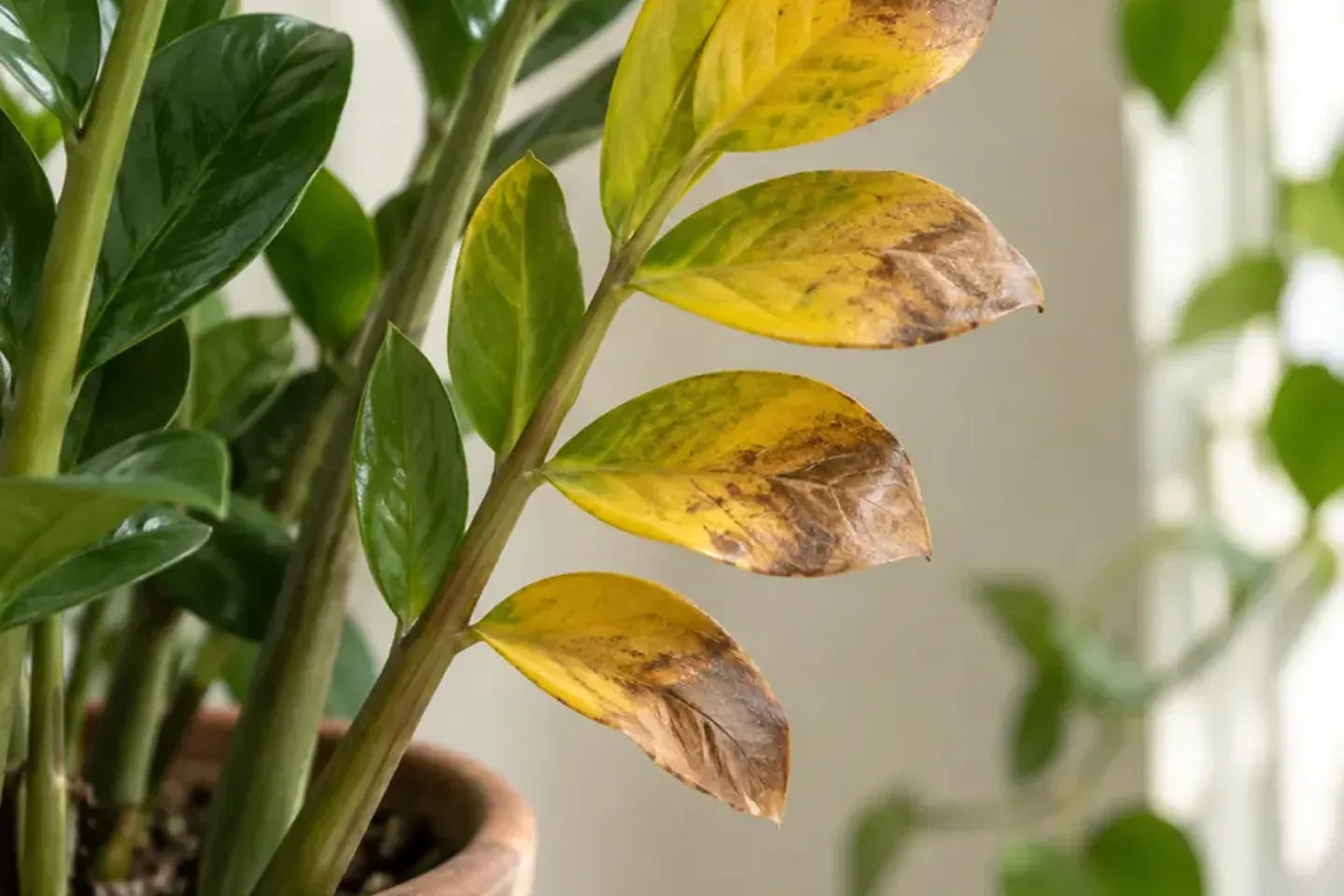 Yellow and brown ZZ leaflets beside a terracotta container