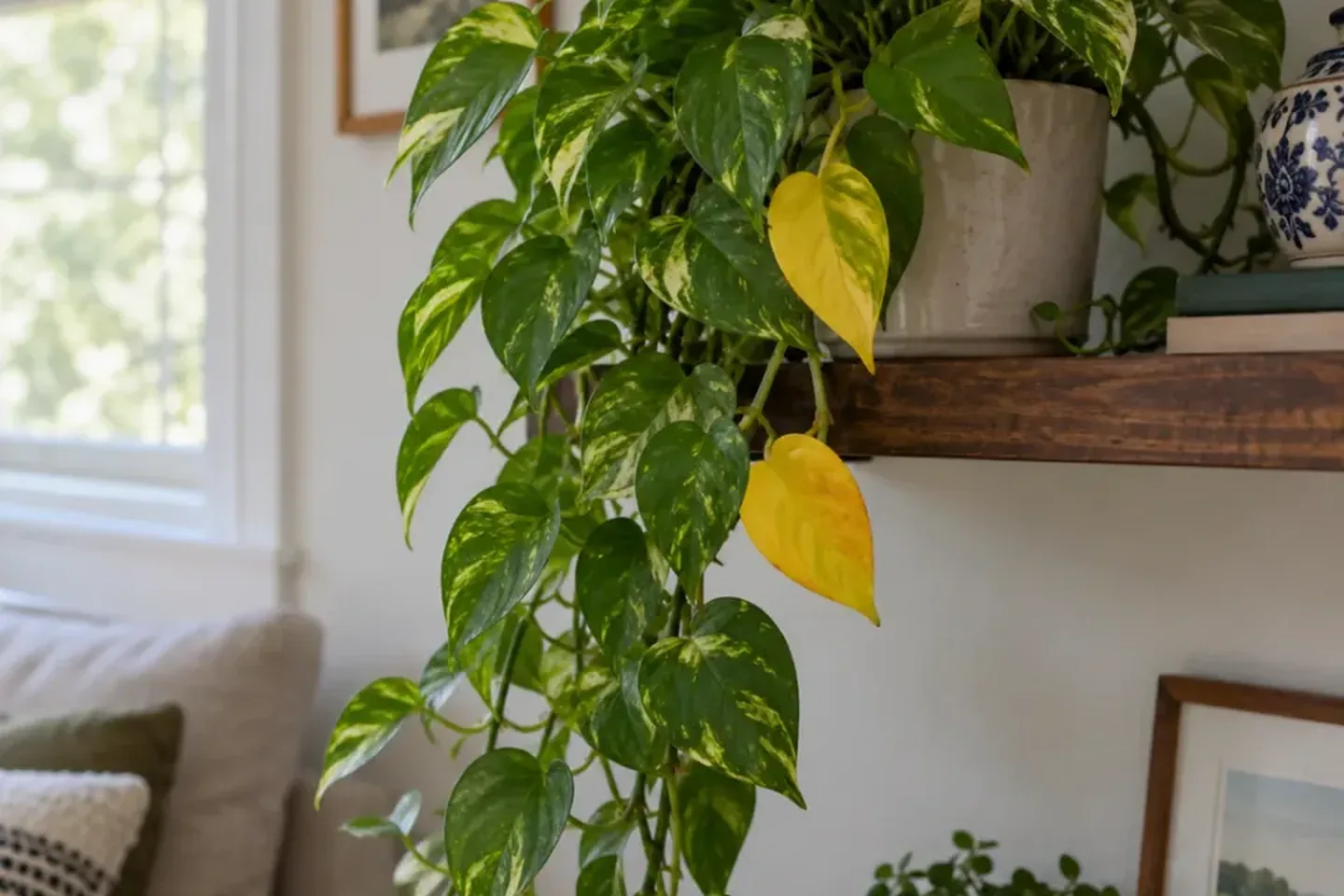 Yellow leaves along a trailing pothos vine