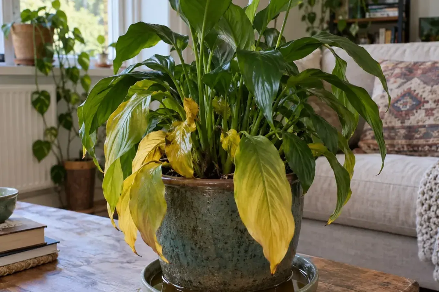 Yellow lower leaves on a peace lily above a wet saucer