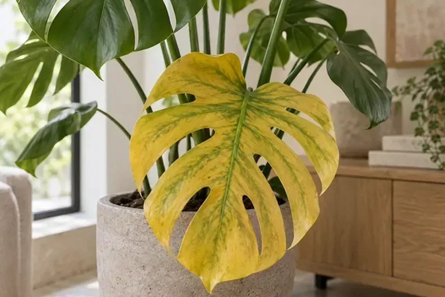 Yellow lower monstera leaf beside green split leaves