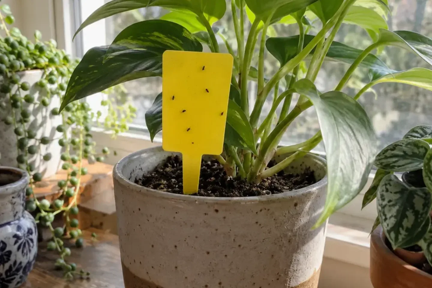 Yellow monitoring card at the surface of a pothos pot
