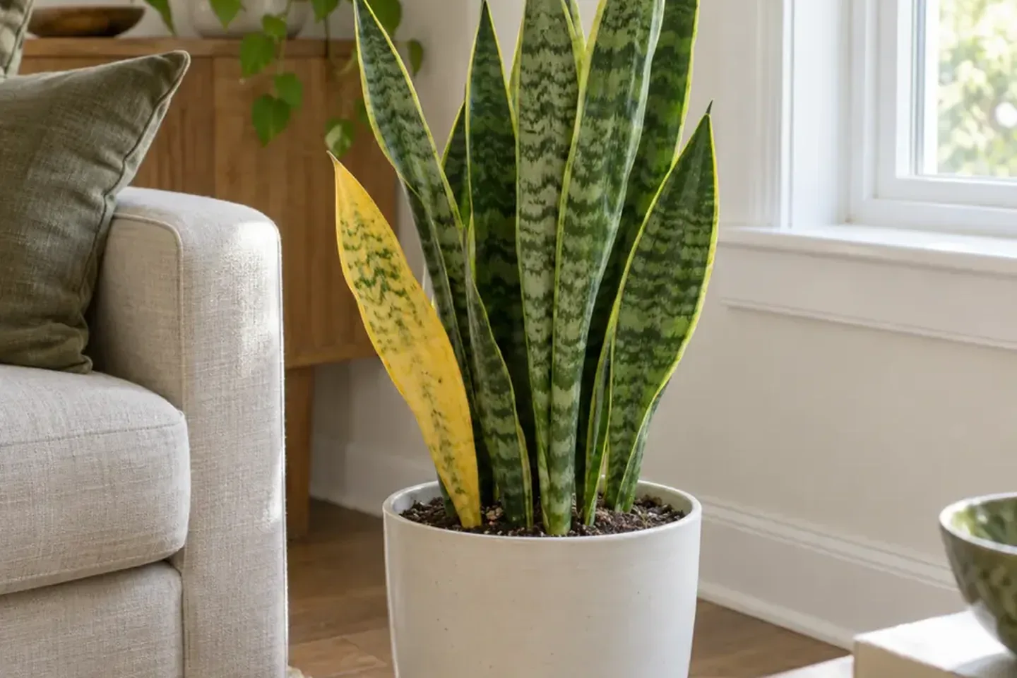 Yellow outer snake plant leaf among firm upright green leaves