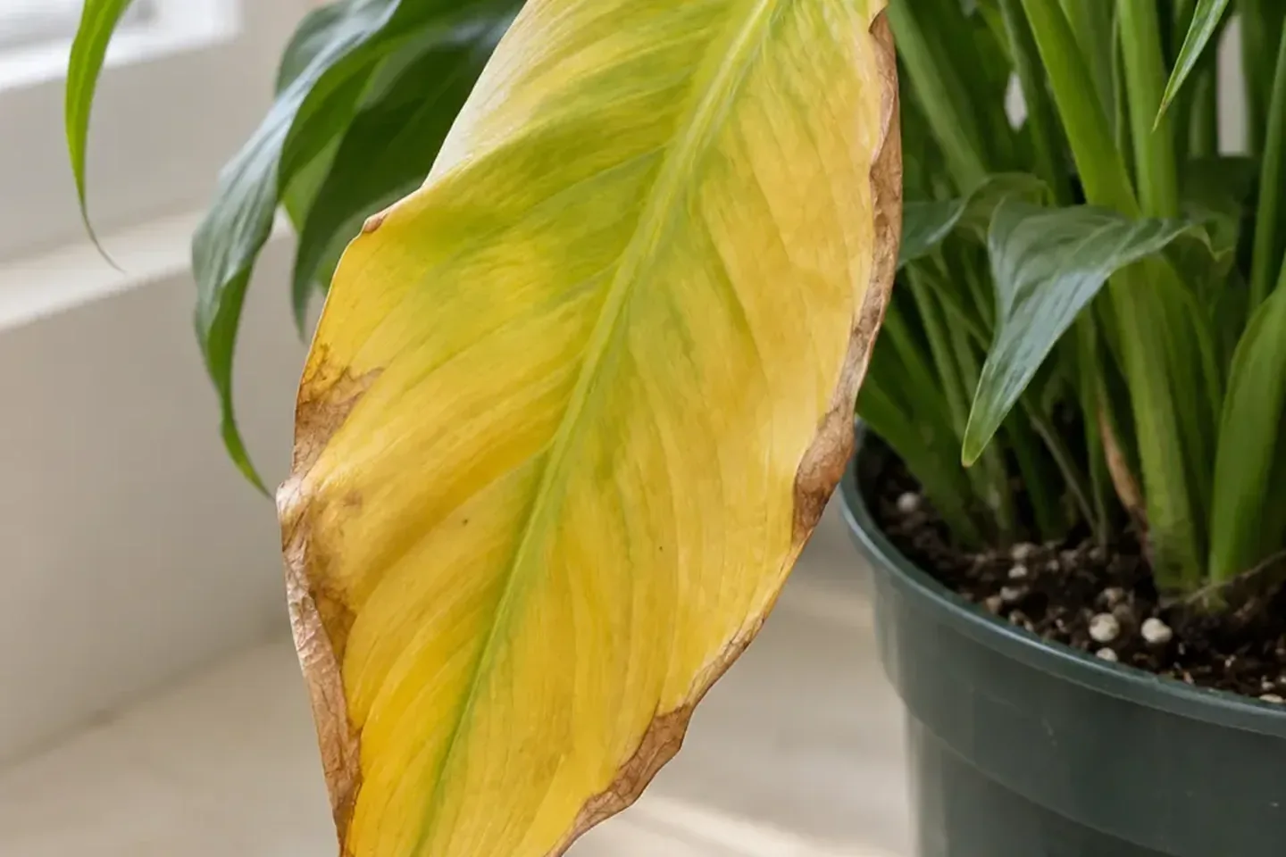 Yellow peace lily leaf with a dry brown margin beside its nursery pot