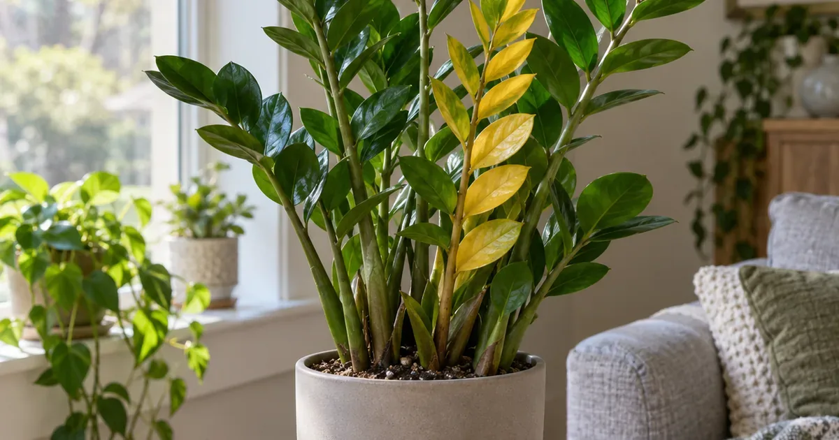ZZ plant near a bright window with one yellow stalk of leaflets among glossy dark green stalks