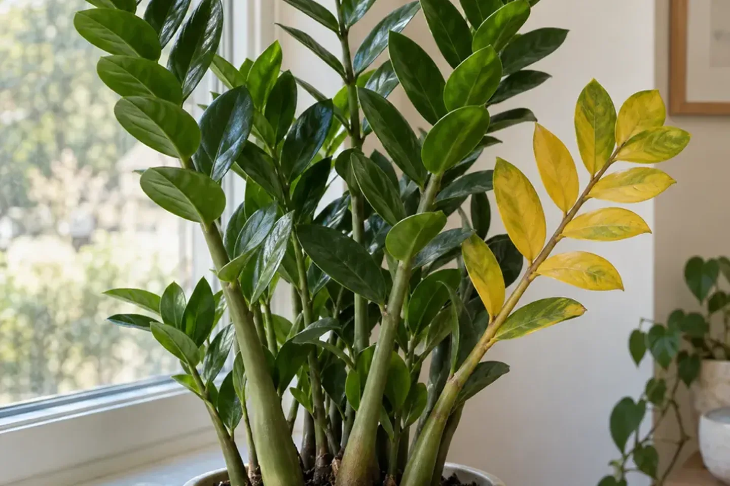 ZZ plant with one yellowing stalk among glossy green growth