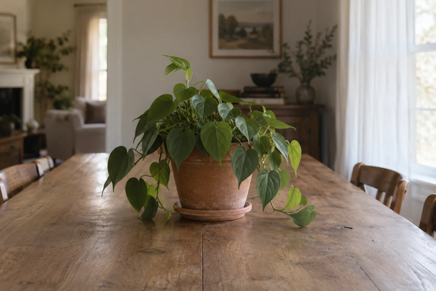 The same heartleaf philodendron farther back on its oak table