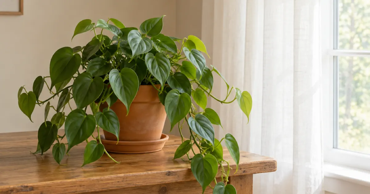 Heartleaf philodendron in a terracotta pot beside an east-facing window