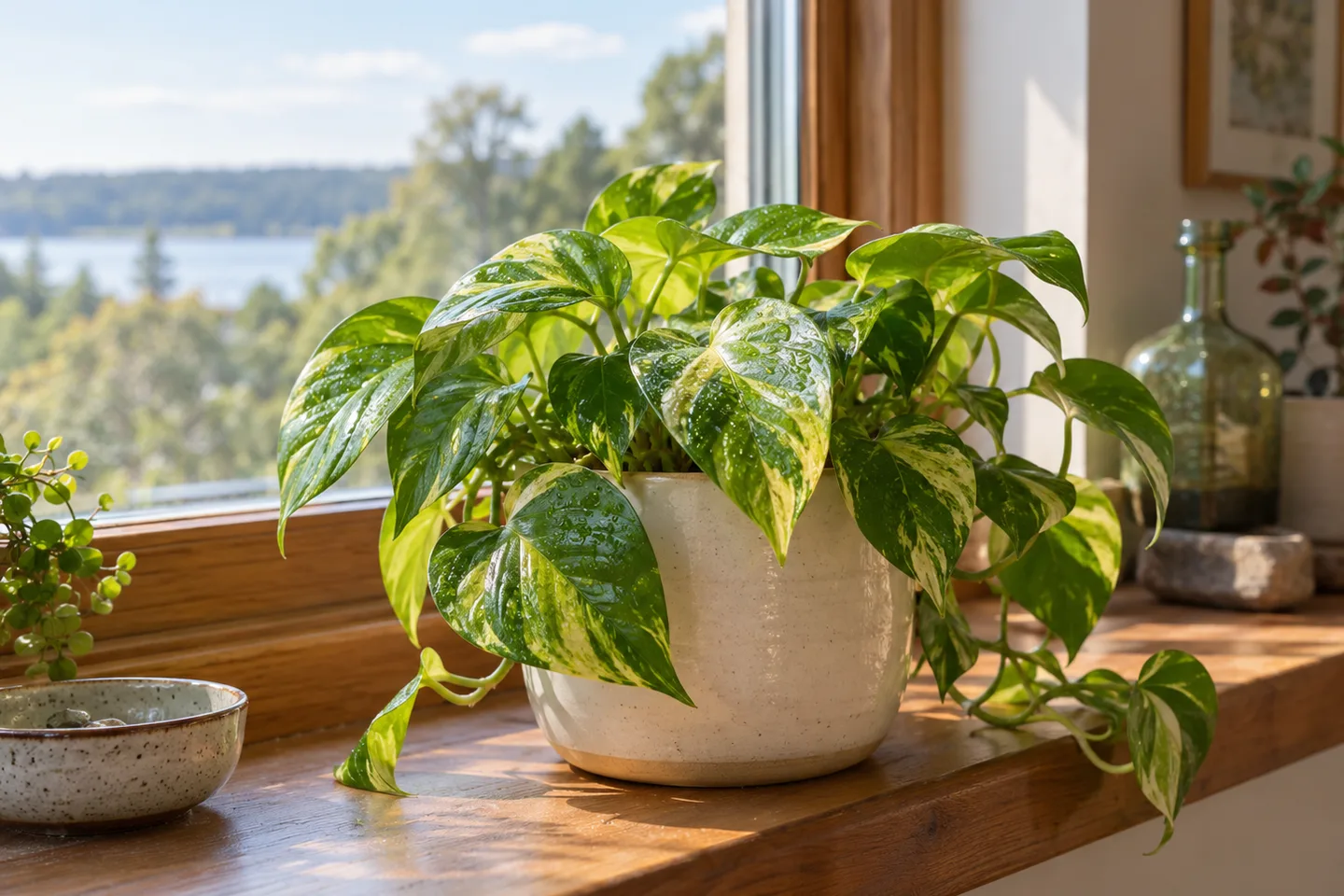 Glossy deposits on a golden pothos leaf above a cream pot