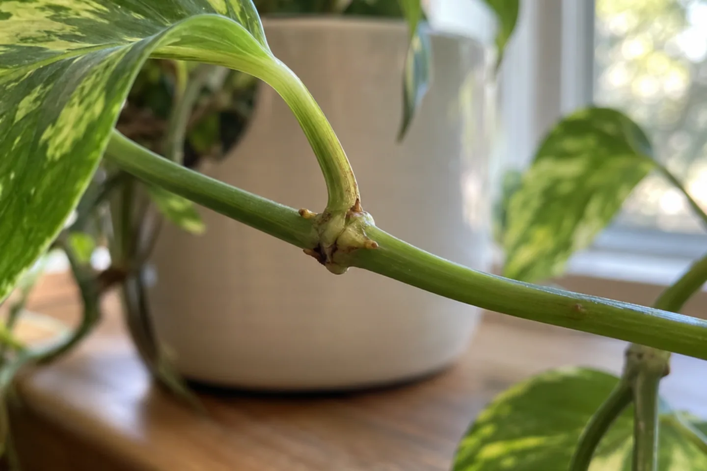 Scale-like bumps at a golden pothos stem junction beside the same cream pot