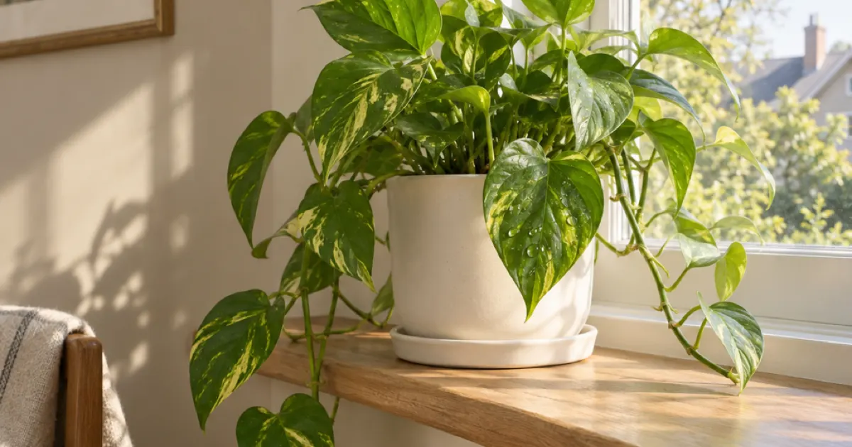 Golden pothos with glossy leaf deposits in a cream pot at an east-facing window