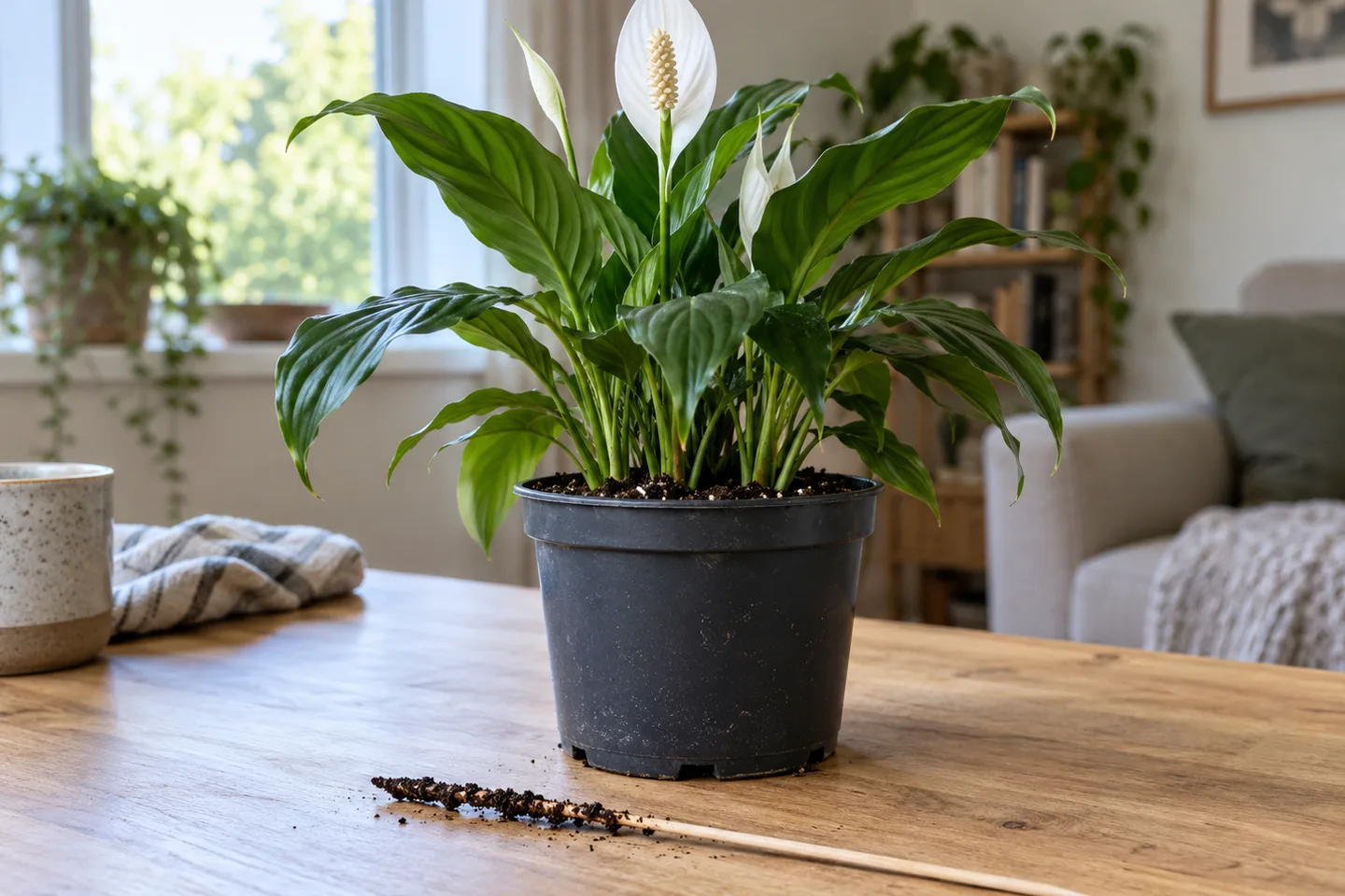 A wooden skewer with damp mix beside a peace lily in a charcoal nursery pot