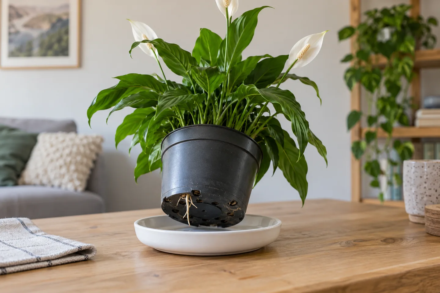 Drainage holes beneath the same charcoal peace lily pot over a white saucer