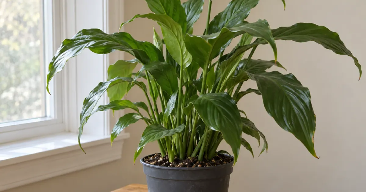 Peace lily in a charcoal nursery pot beside a north-facing window