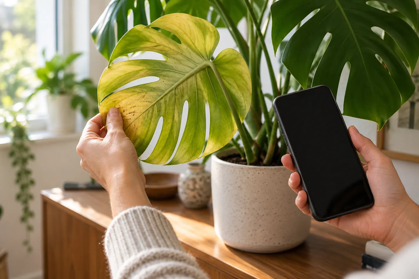 Hands holding a phone while turning over a yellowing monstera leaf