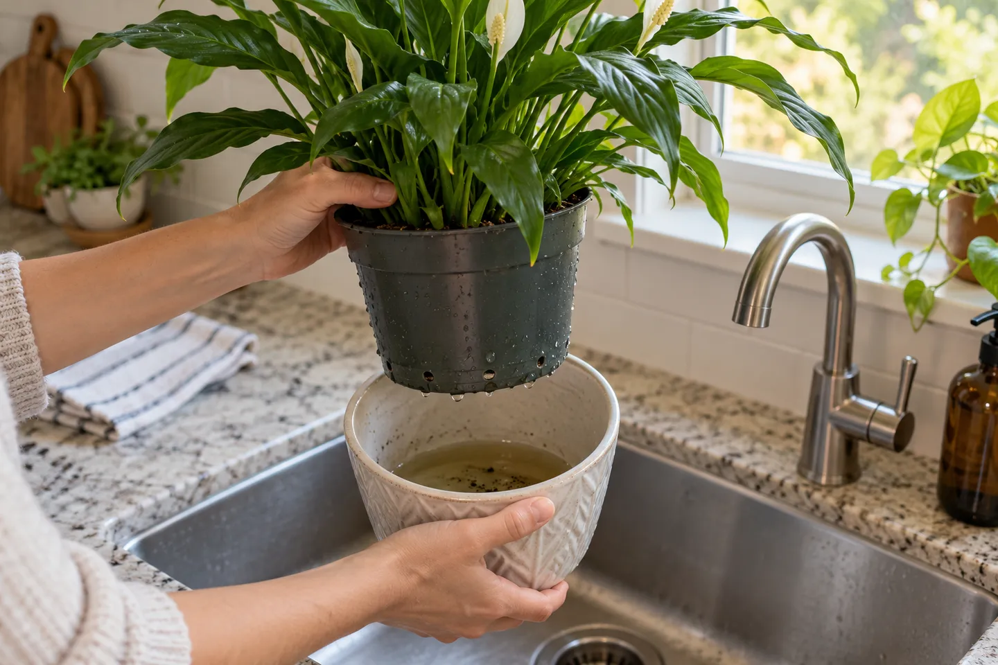 A nursery pot lifted from a cover pot with pooled water over a sink