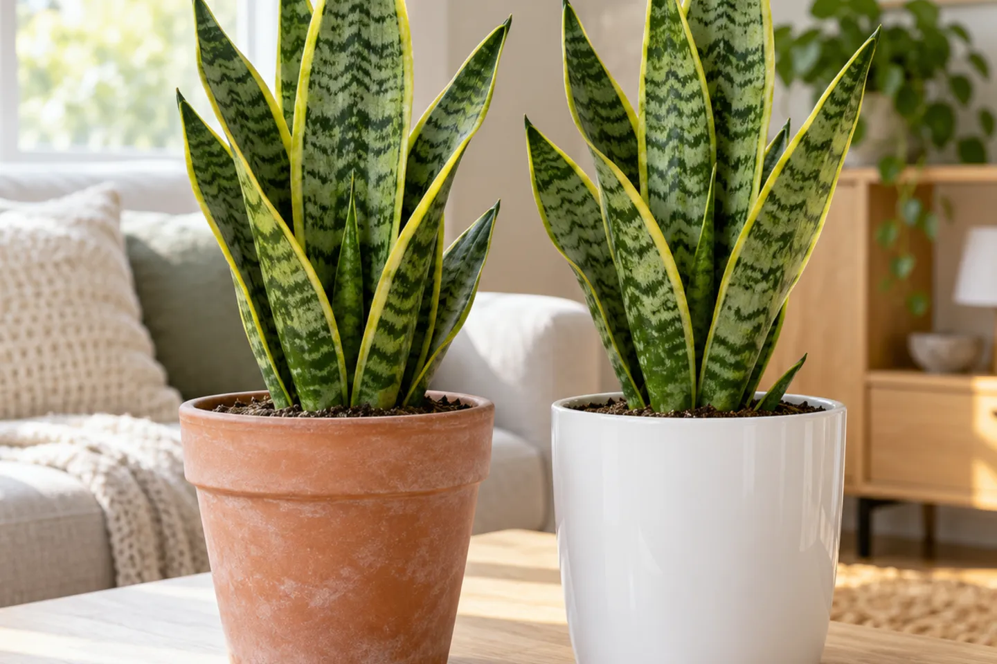 Snake plants in terracotta and glazed pots side by side