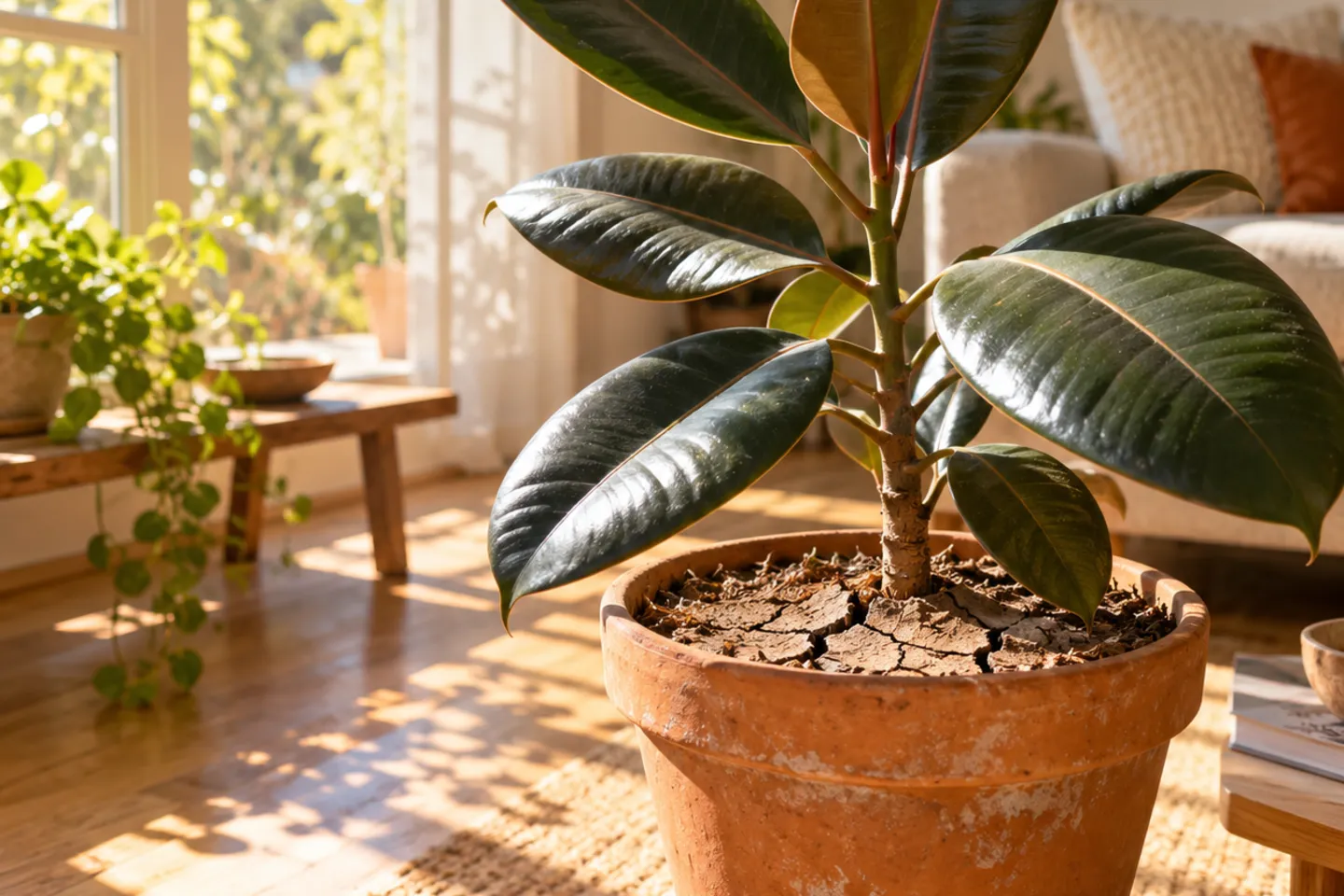 A terracotta pot with dry topsoil in strong summer window light