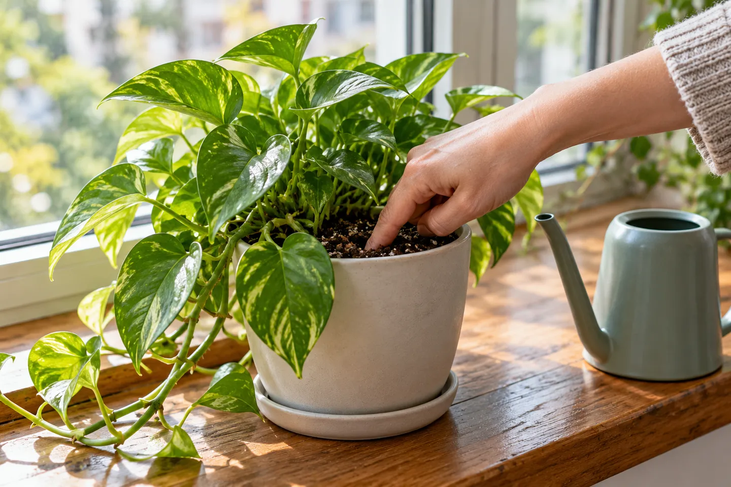 A fingertip checking pothos soil beside a watering can on a windowsill