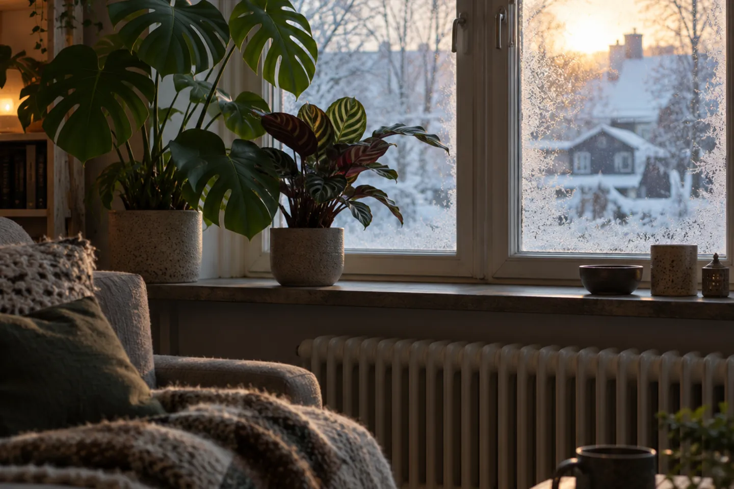 Houseplants set back from a dim winter window near a radiator